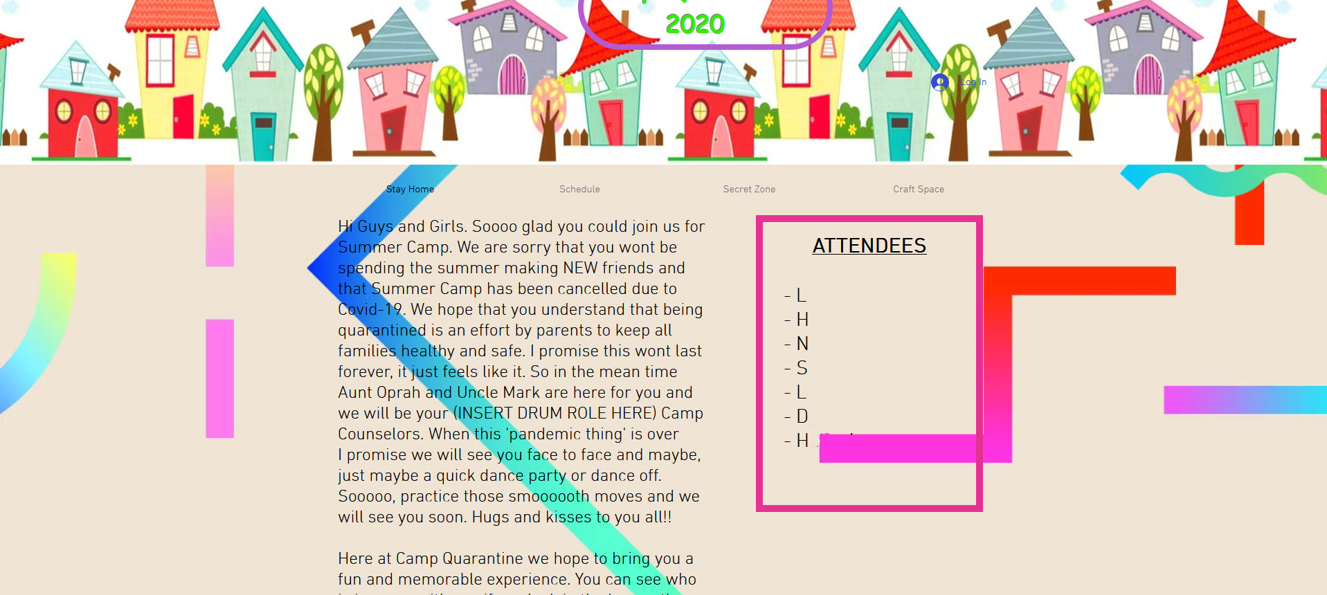 Camp Quarantine home page with camp navigation, welcome message and attendee area