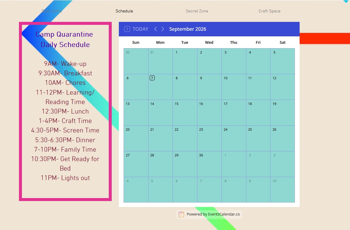 Camp Quarantine daily schedule and activity calendar